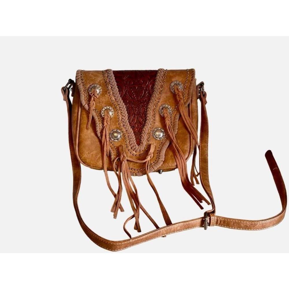 Trinity Ranch Brown Leather Crossbody Fringe Tooled Western Bag